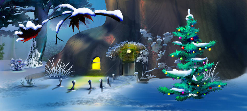 圣诞树靠近冬季森林中的神话之屋图片