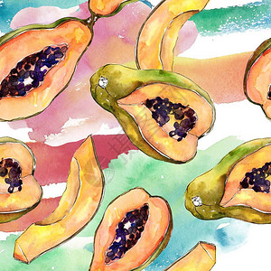 水彩风格的异国热带健康食品无缝背景图案水果全名图片