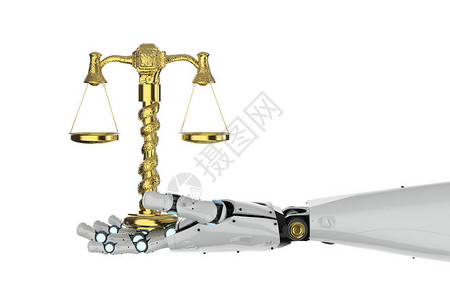 无偏见的3D机器人手在白色背景上握着黄金比例尺的设计图片