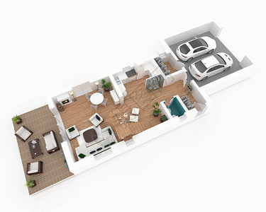 带家具的家庭公寓客厅的3d渲染图片