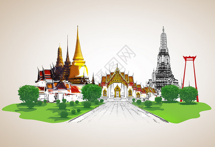 城府背景的泰国旅游概念插画