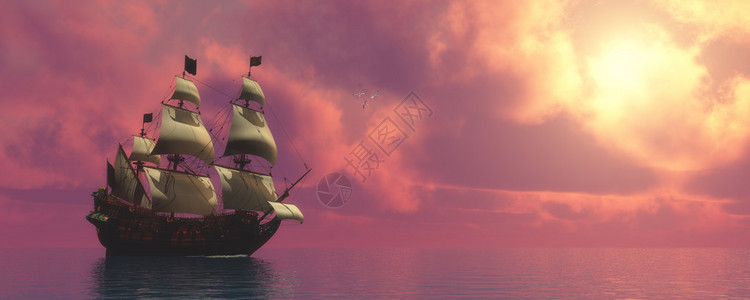 深圳玫瑰海岸日落的天空发现一艘帆船在玫瑰洋水域航行设计图片