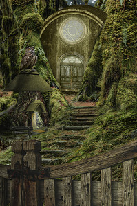 系列童话屋木桶房屋的虚构插图和以照片拼贴形式出现的情况图片