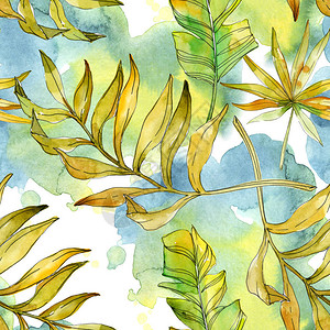 热带花卉植物花异国情调的植物叶分离水彩插图集水彩画时尚水彩画无缝背景图案织物背景图片