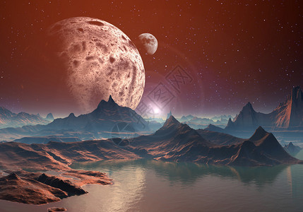 西纳尼察湖外星球上的山峦湖泊插画