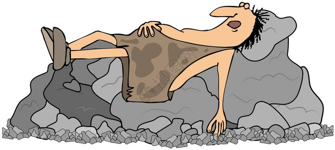 插图描绘了一个穴居人睡在一堆巨石上背景图片