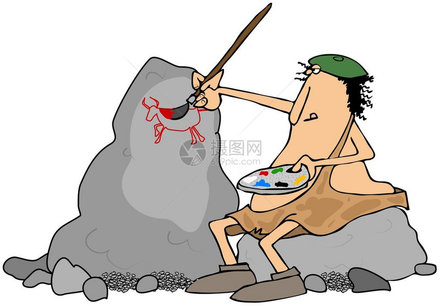 这个插图描绘了一位坐在巨石上戴贝雷帽的穴居人在另一图片