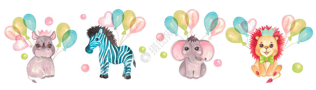 可爱的小狮子幼崽斑马犀牛大象的水彩插图图片