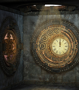 带时钟的小蒸汽朋克房背景图片