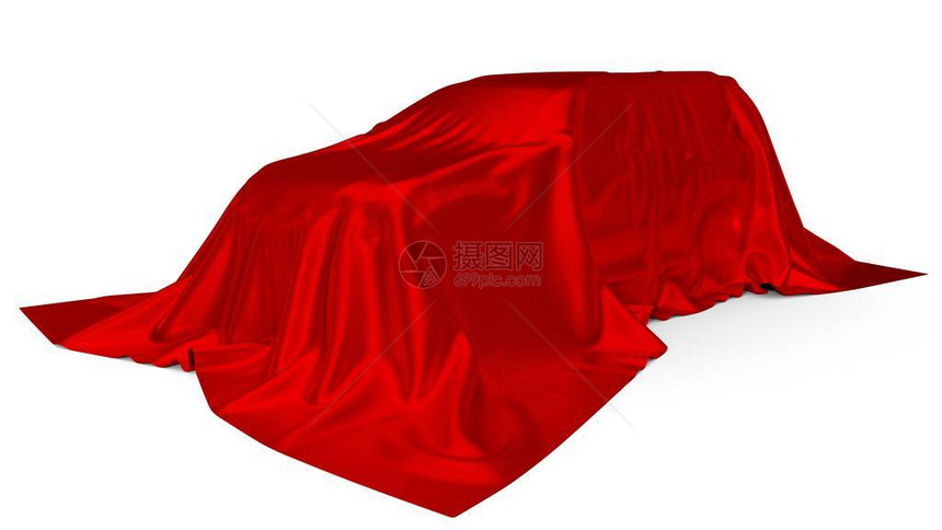 红色丝绸覆盖SUV汽车概念3d插图适用于任何智能汽车自动驾驶仪或图片