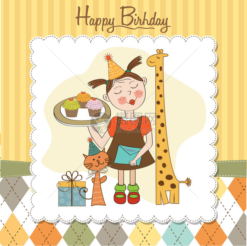 生日快乐卡片有趣的女孩动物和图片