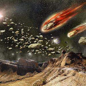 小行星和陨石在大气中燃烧的背景下的表面图片