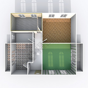 空置家庭公寓的3d室内渲染平面图与地板材料背景图片