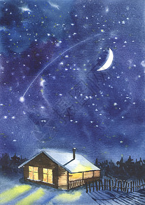 有星空背景和树林小木屋的水彩图图片