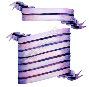 白色背景上孤立的长水彩紫色丝带波西米亚风设计图片