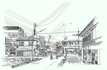 城市街道数字素描插图图片