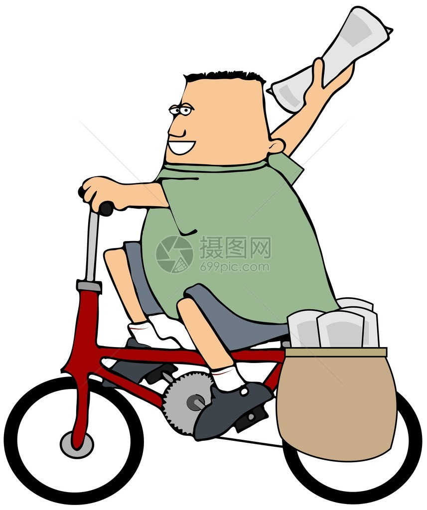 这个插图描述了一名男孩在自行车上送报纸的情景图片