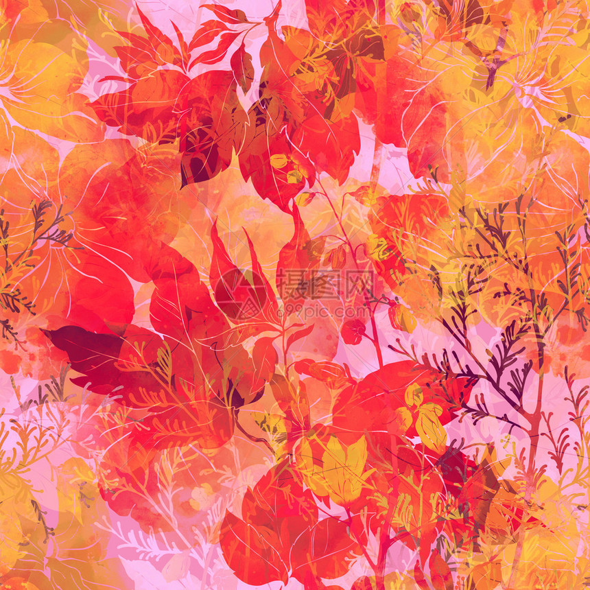 草药鲜花和树叶无缝模式数字和水颜色混合介质布料的图片