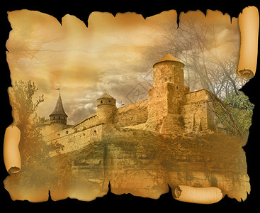 旧纸卷上的中世纪堡垒图片
