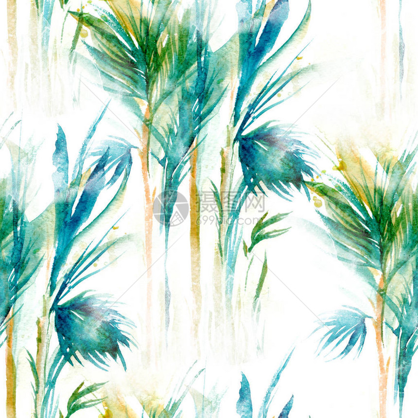 热带树木无缝模式抽象水彩手绘图片用于纺织品织物纪念品包装和贺卡的混图片
