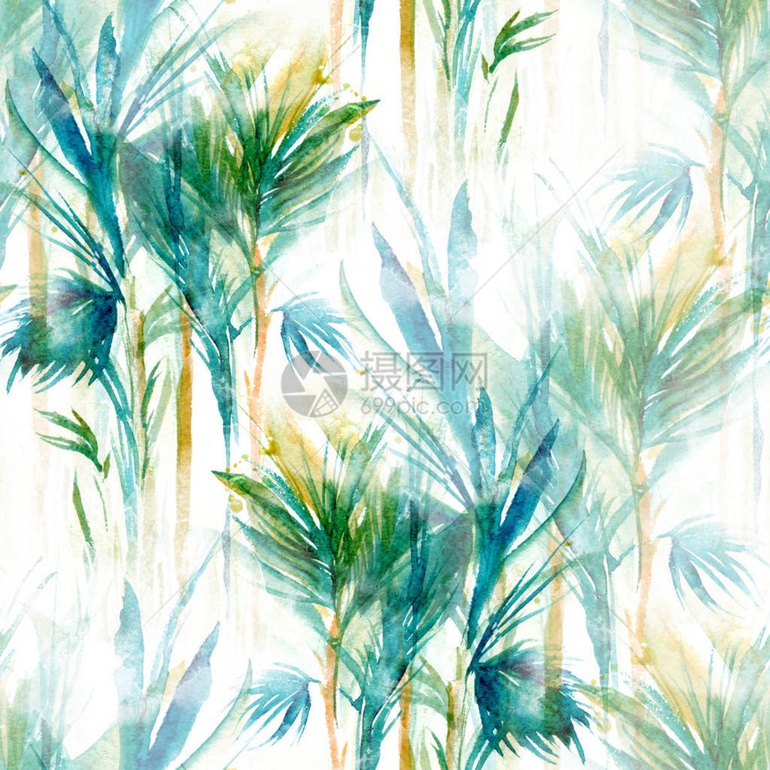 热带树木无缝模式抽象水彩手绘图片用于纺织品织物纪念品包装和贺卡的混图片