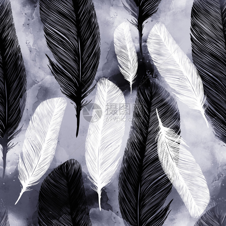 羽毛波西米亚风无缝模式用于纺织品面料纪念品包装贺卡闪屏剪贴簿的数字和水彩混合媒体时尚花卉波西米亚拼图片