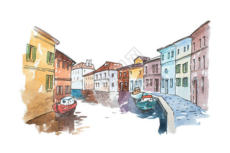 威尼斯运河意大利威尼斯典型风景的水彩色照片插画