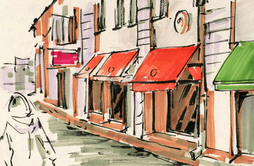 在绘图标记中绘制市中心咖啡馆的草图图片