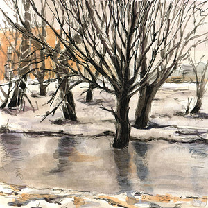冬季风景与城市公园的树木草墨和水彩图片