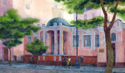 基辅有两个女人在热暑假下午在青绿树下旧粉红房子的阴凉处坐在铁外面的街上说着插画
