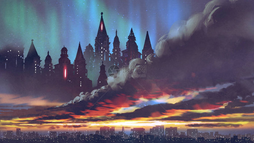 城市上空黑云上黑暗城堡的日落景象数字艺术风格图片
