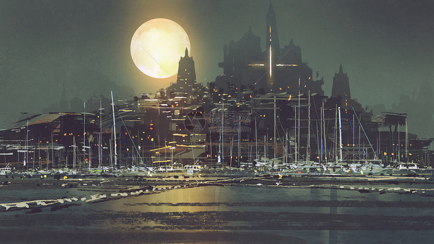 带有月光数字艺术风格插图绘画的港口图片