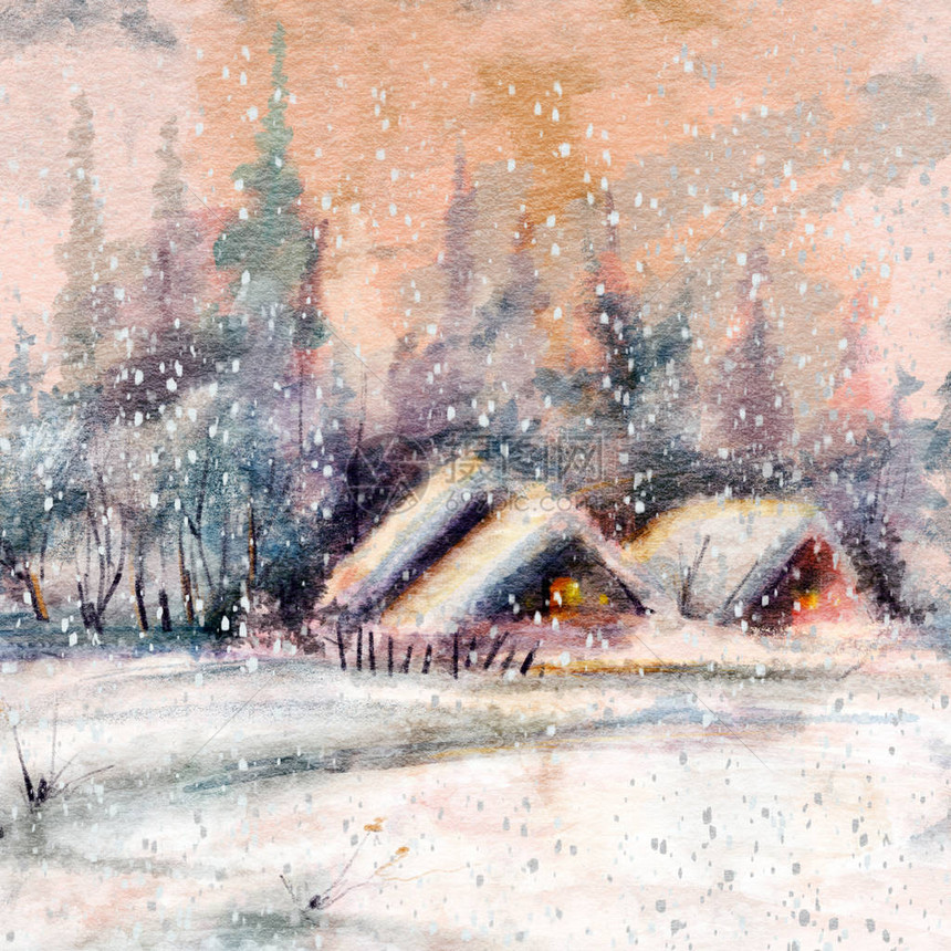 冬季风景在日落时有一个小村庄画面图片