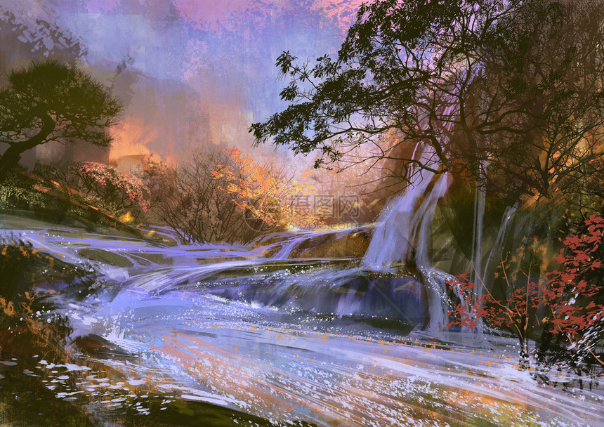 美丽的紫色瀑布风景数字画图片