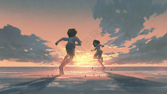 女孩和男孩在海滩上奔跑图片