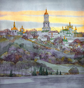 乔托钟楼基辅佩乔尔斯克修道院著名的中世纪建筑插画