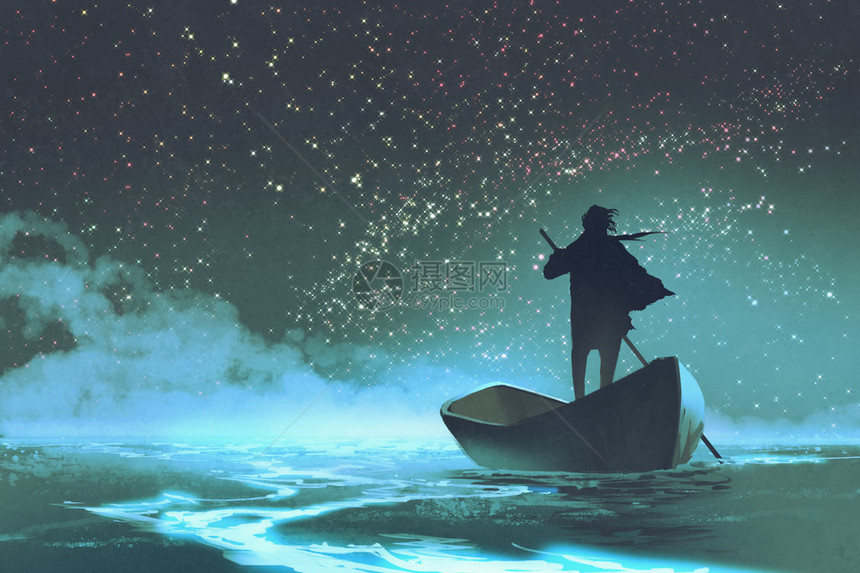 男人在海中划船在美丽的天空下与星相伴的星图片
