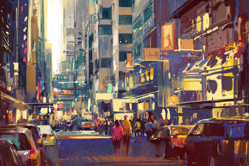 城市景象图画人们在街上行走的色图片