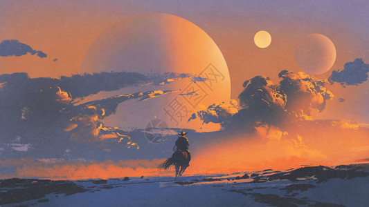 骑着马的牛仔在日落的天空上骑马图片
