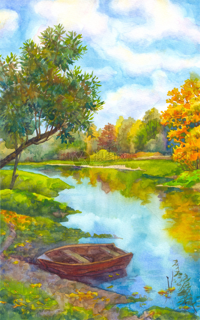 水彩风景秋林中小河岸边的一图片