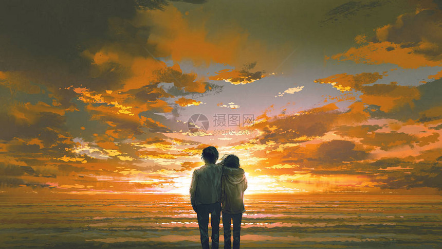 年轻情侣的美丽风景看日落海滩数字艺术风图片