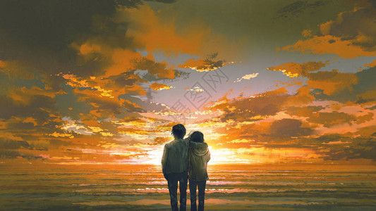 年轻情侣的美丽风景看日落海滩数字艺术风图片