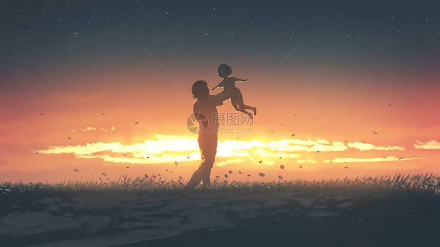 父亲在日落时把女儿绑起来数字艺术风图片