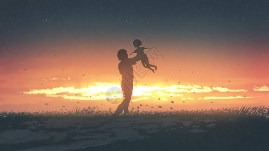 父亲在日落时把女儿绑起来数字艺术风插画