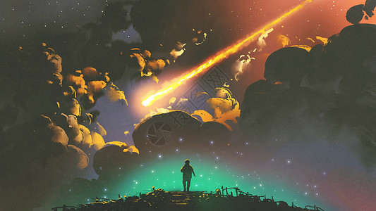 一个男孩在夜幕中看着多彩的天空中的陨石数字艺术图片