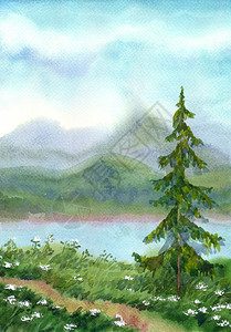 苏打山丘溪水彩色风景河边山丘附近小树插画