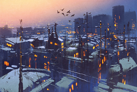 城市雪景的冬季风景日落时满天图片