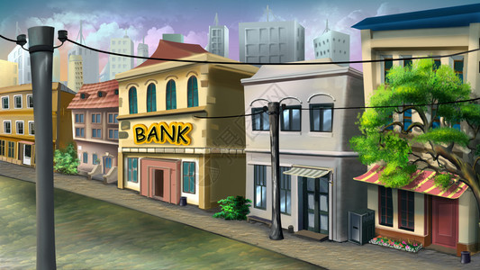 城市街道上小银行的数码绘画上面背景图片