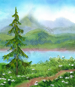 欧蓍草水彩色风景河边山丘附近小树设计图片