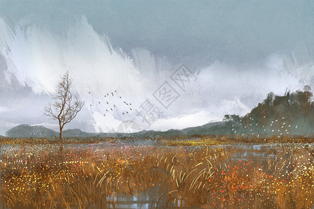 充满田地和草原的风景绘画雨季天气图片